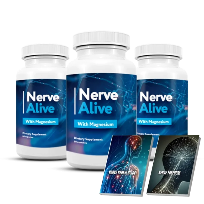 Three bottles of Nerve Alive nerve health supplement with 2 free bonus guides